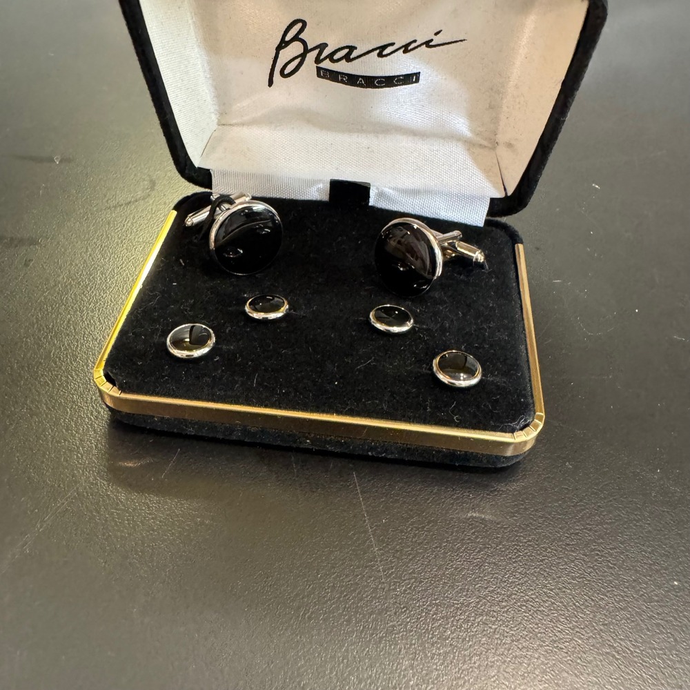 Bracci Cufflink Shirt Stud Set Mens Black Silver Round Formal Tuxedo Accessory